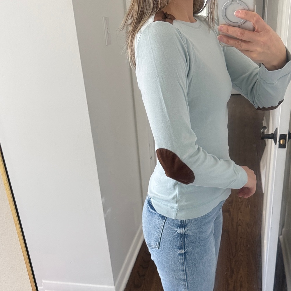 Ralph Lauren Light Blue Long Sleeve Top with Brown Patches & zipper
